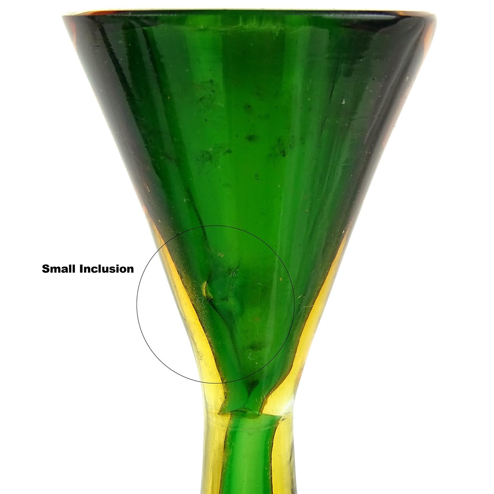 Murano Sommerso Green Yellow Orange Italian Vintage Art Glass Candlestick Set 1