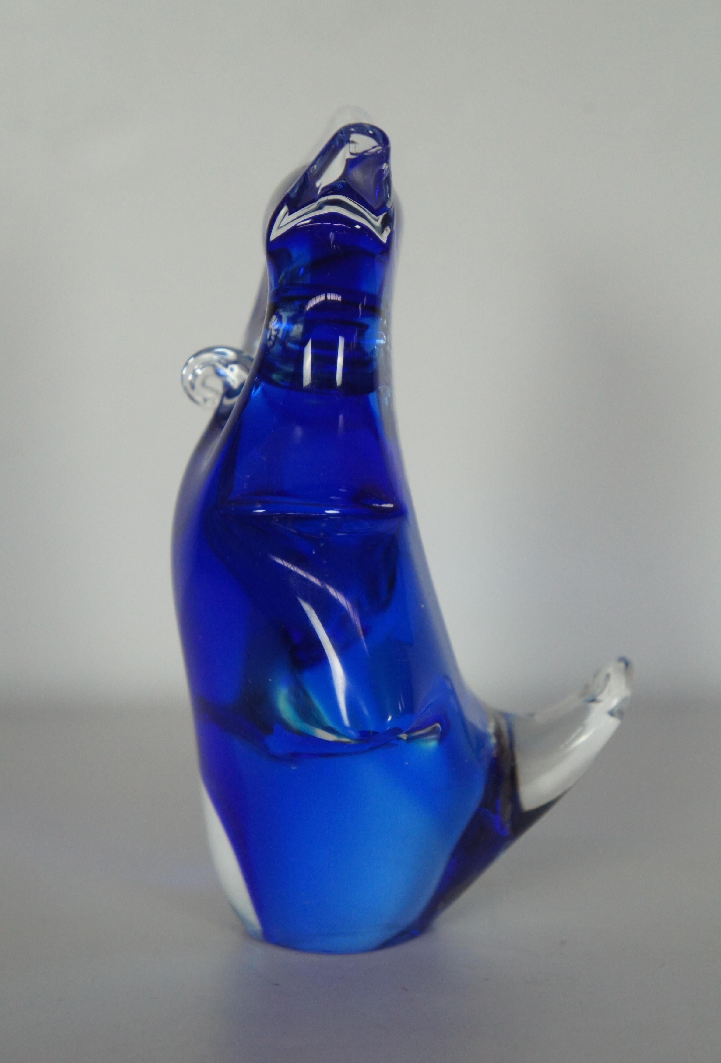 Modern Murano Sommerso Italian Art Glass Blue Horned Owl Bird Figurine Paperweight