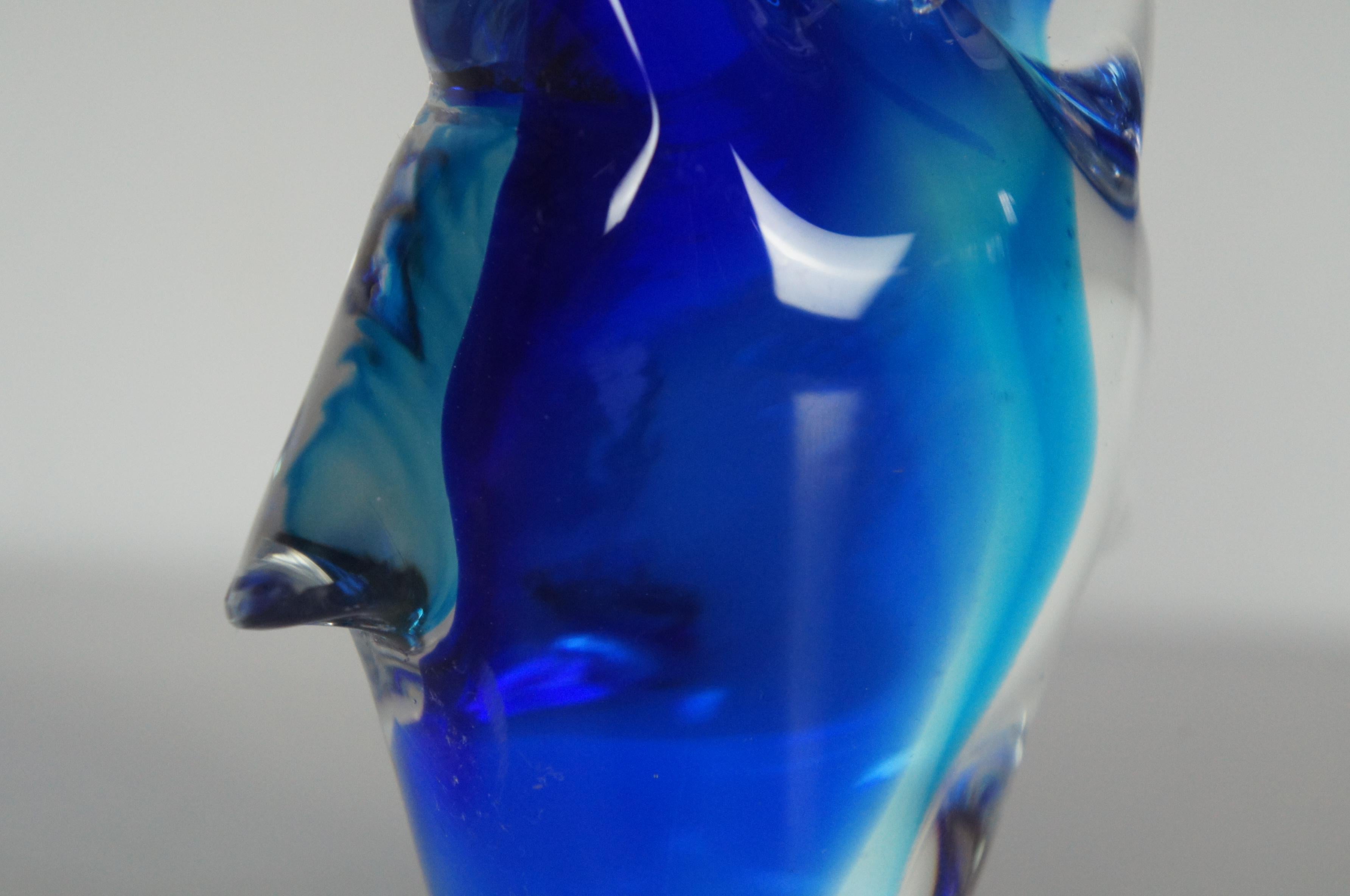 Murano Sommerso Italian Art Glass Blue Horned Owl Bird Figurine Paperweight 1