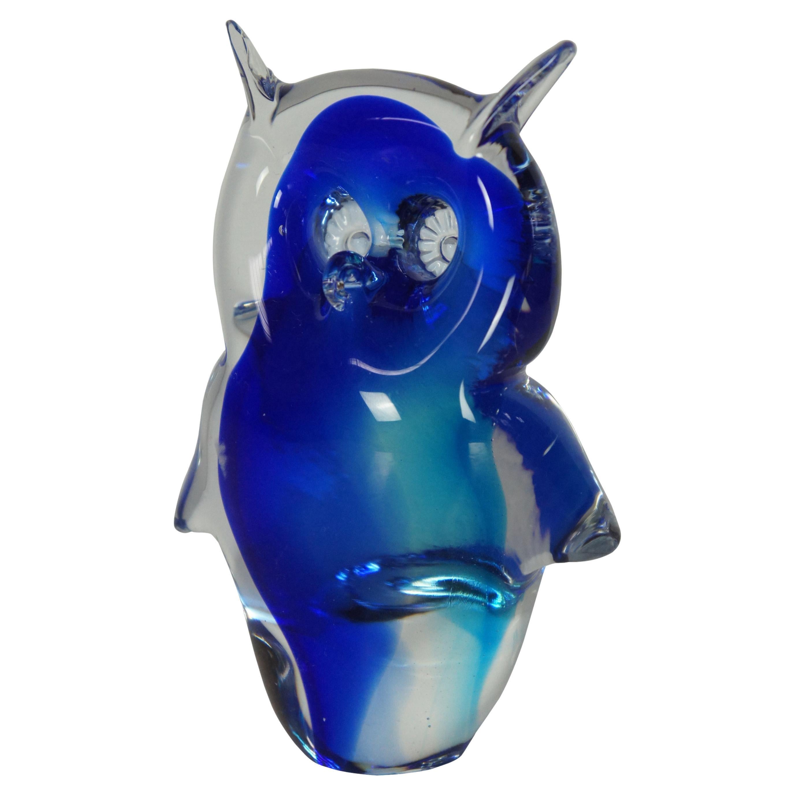 Murano Sommerso Italian Art Glass Blue Horned Owl Bird Figurine Paperweight