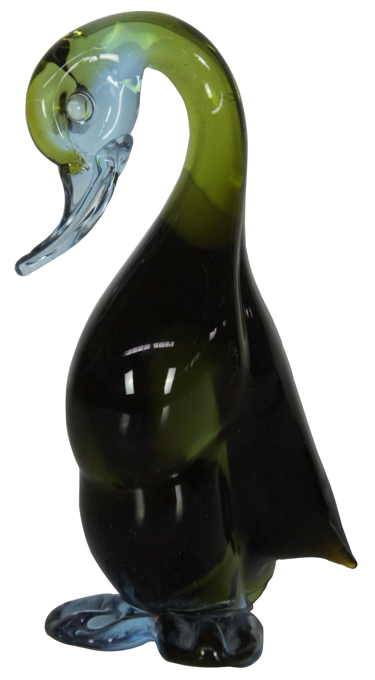 Hand blown Murano Sommerso Italian art glass figurine in the shape of a translucent olive green and sky blue duck / swan / goose / bird. Measure: 5