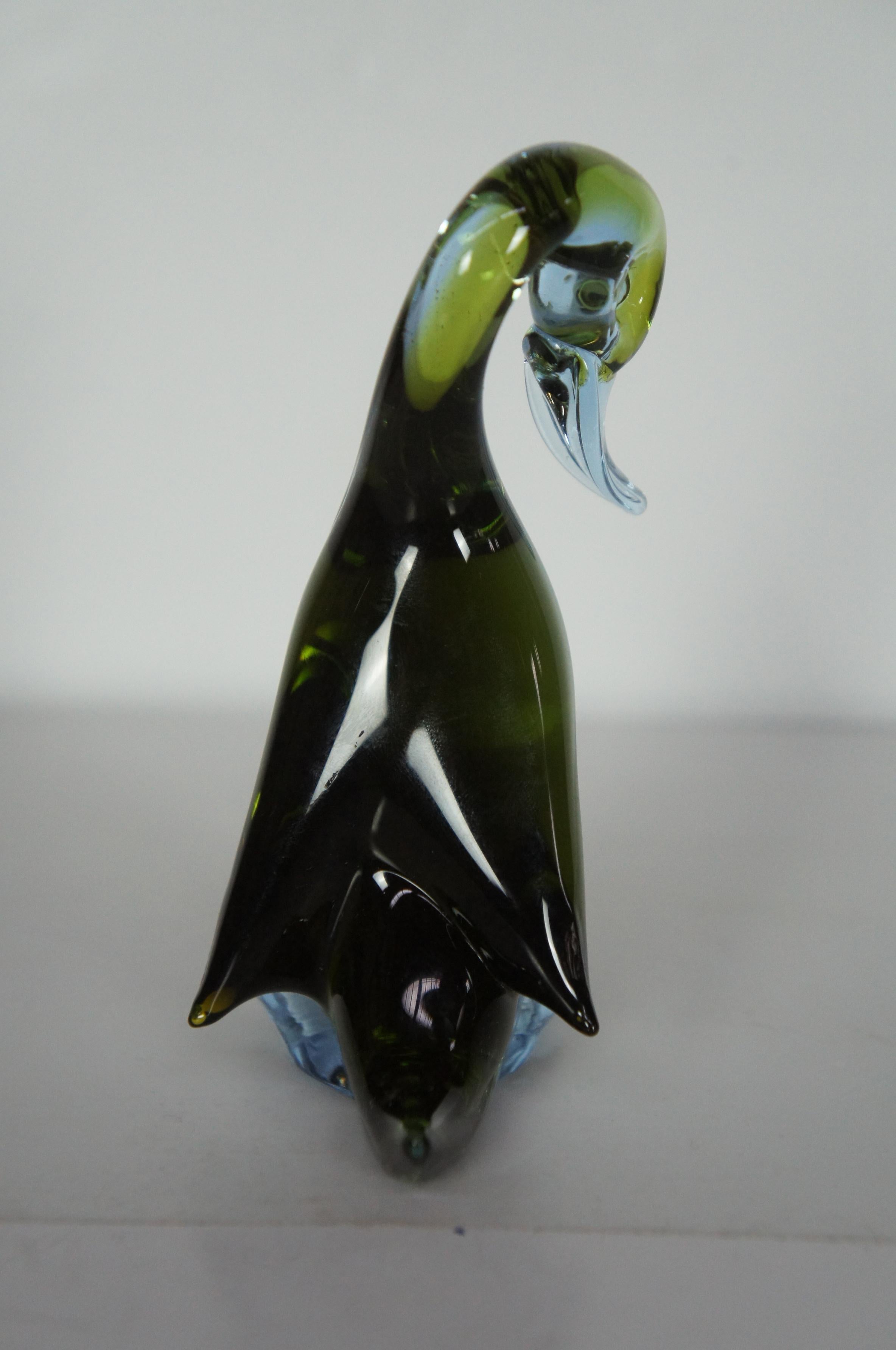 Modern Murano Sommerso Italian Art Glass Duck Swan Goose Bird Figurine Green & Blue