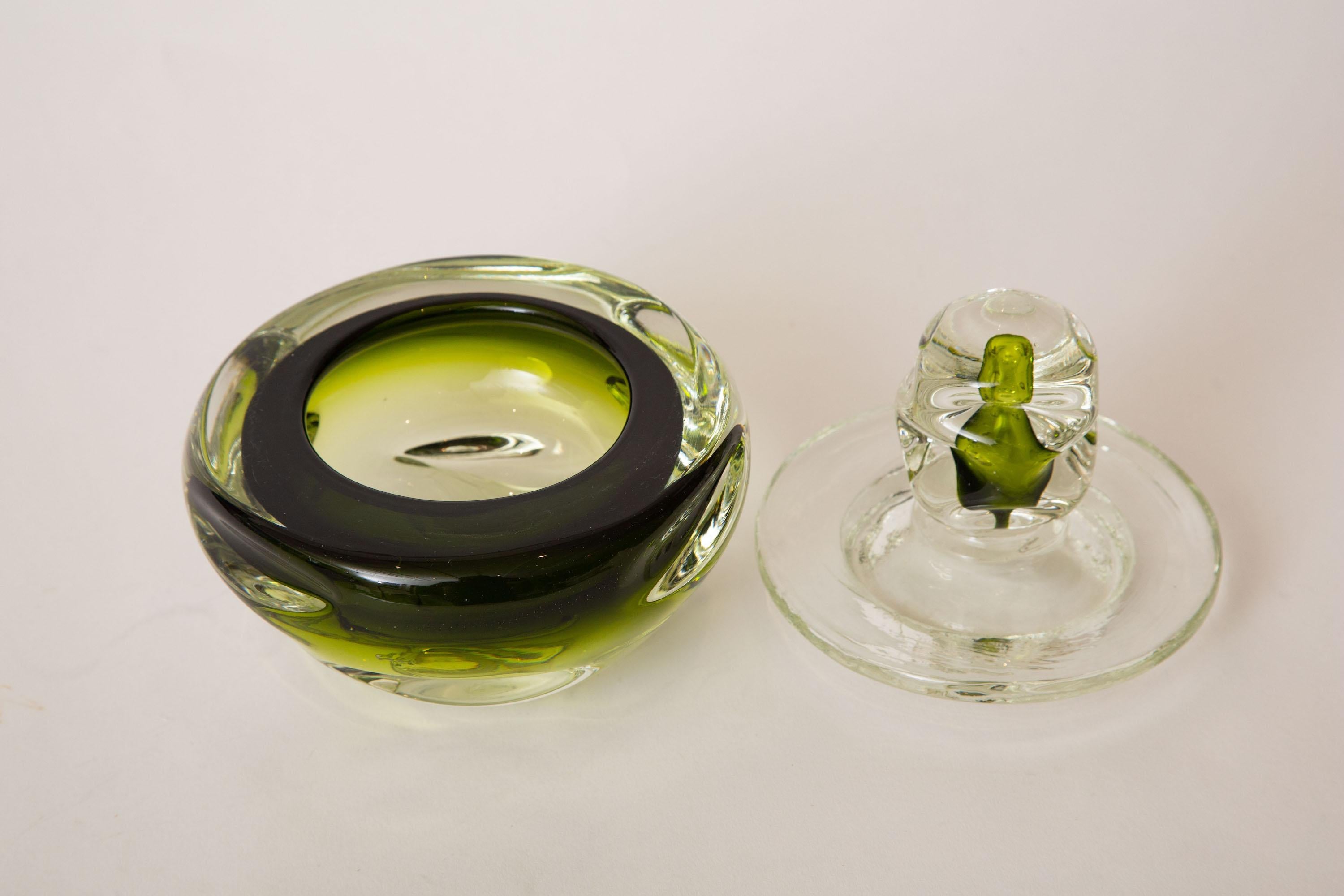 Blown Glass Murano Sommerso Kelly Green, Army Green and Clear Glass Bowl or Box Vintage