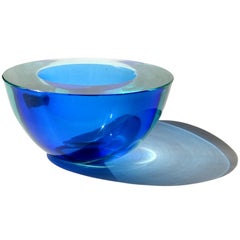 Murano Sommerso Light Blue Cobalt Italian Art Glass Geode Cut Bowl Dish