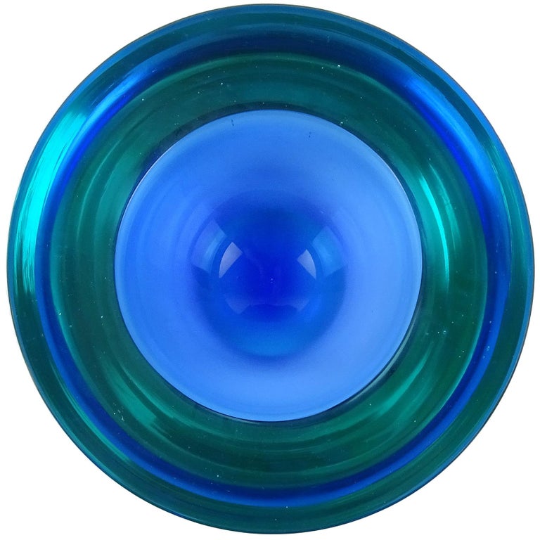 Murano Sommerso Light Blue Cobalt Italian Art Glass Geode Cut Bowl Dish
