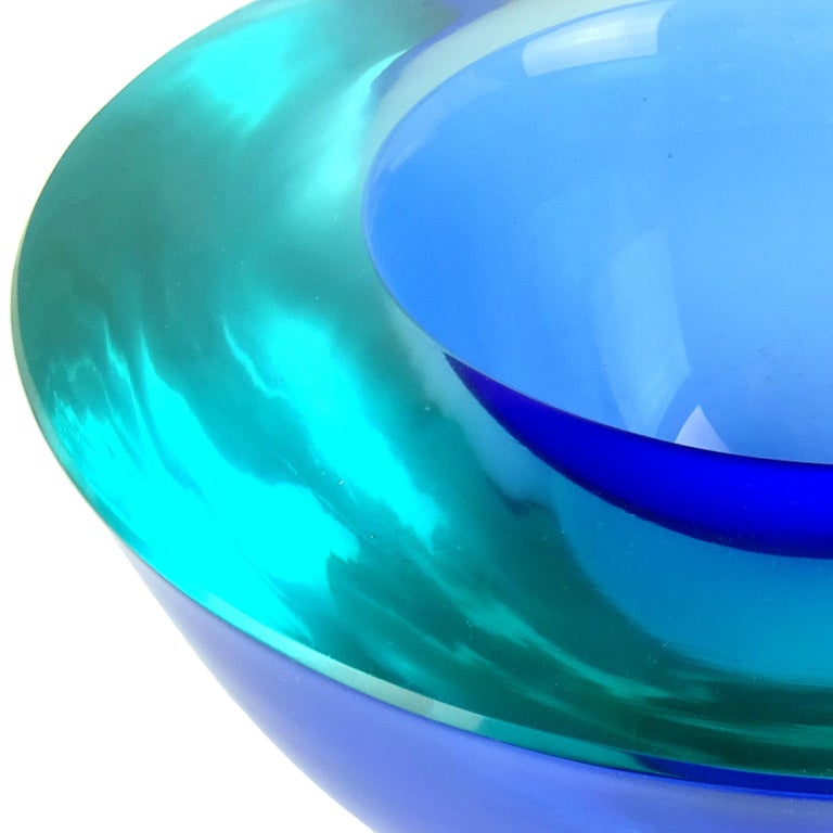 Murano Sommerso Light Blue Cobalt Italian Art Glass Geode Cut Bowl Dish