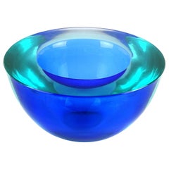Murano Sommerso Light Blue Cobalt Italian Art Glass Geode Cut Bowl Dish