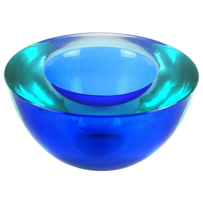 Murano Sommerso Light Blue Cobalt Italian Art Glass Geode Cut Bowl Dish