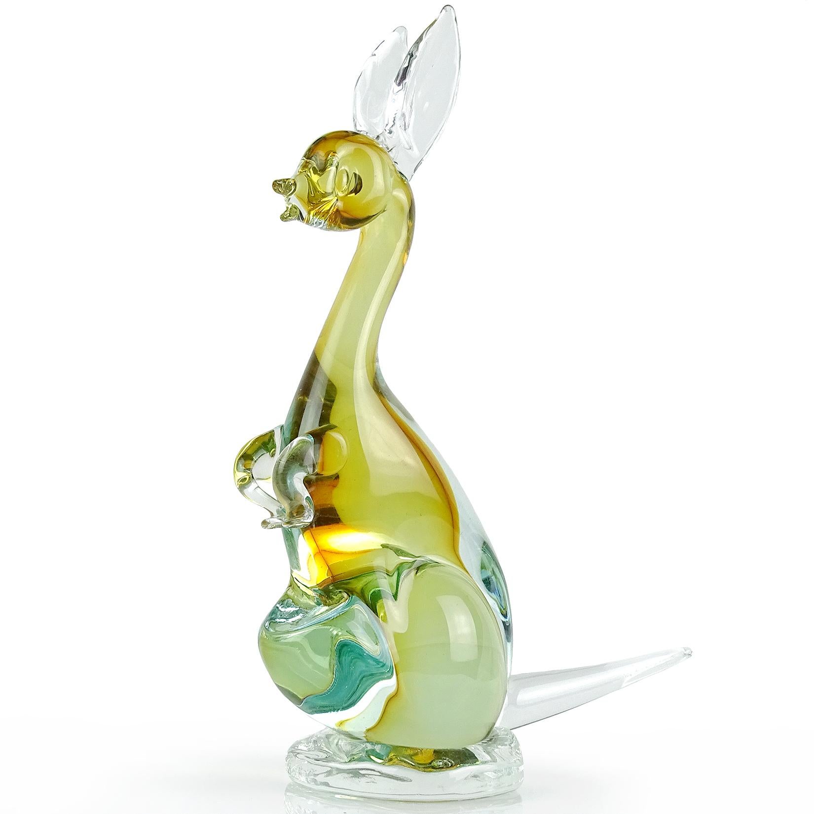 Beautiful vintage Murano hand blown Sommerso light blue over orange Italian art glass kangaroo sculpture. The piece is attributed to designer Alfredo Barbini. Similars have also been made by Seguso and the Cenedese company. Highly detailed figure,