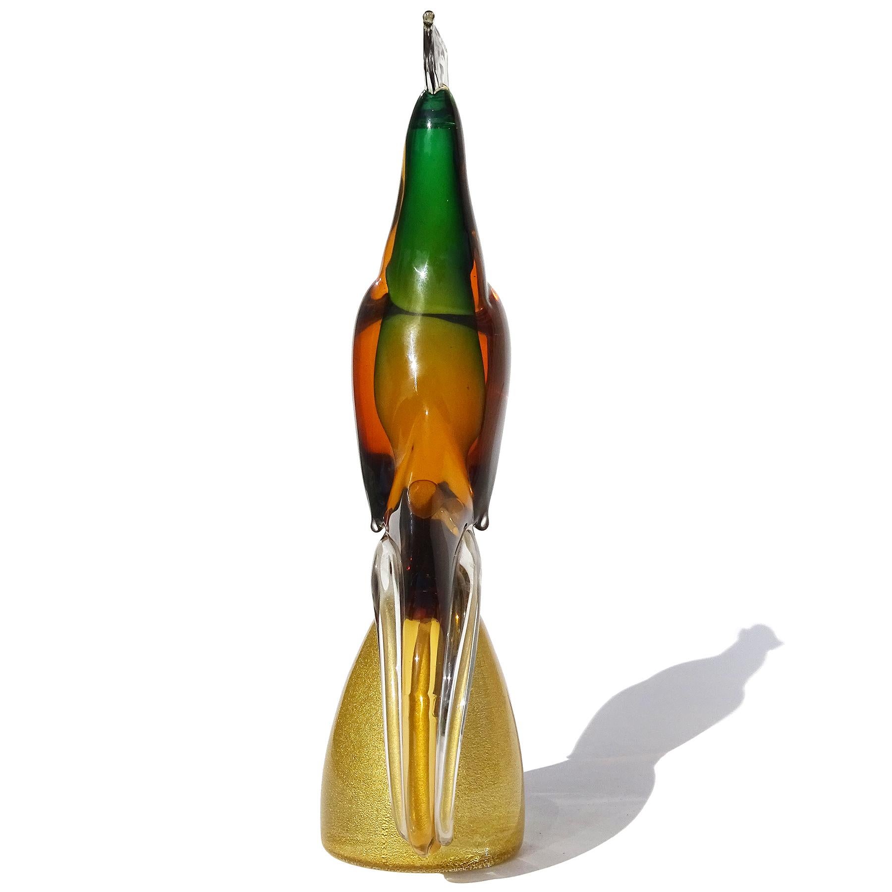 Italienische Vogelfigur aus Murano Sommerso-Kunstglas mit orange-grünen Goldflecken (Handgefertigt) im Angebot