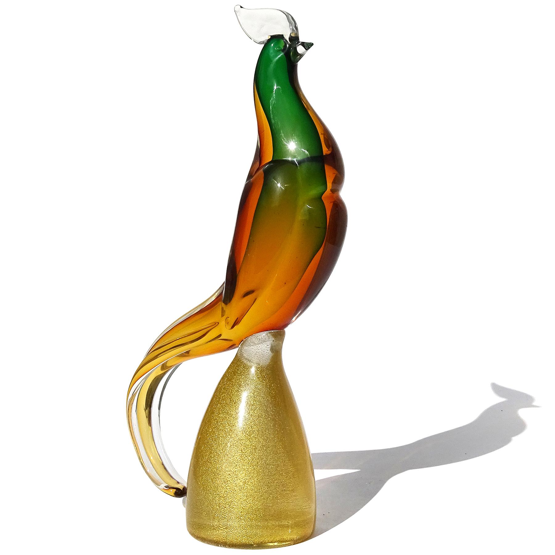 Mid-Century Modern Murano Sommerso Orange Green Gold Flecks Italian Art Glass Bird Figure Sculpture For Sale