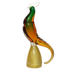Murano Sommerso Orange Green Gold Flecks Figura di Uccello in Vetro d'Arte Italiana Scultura