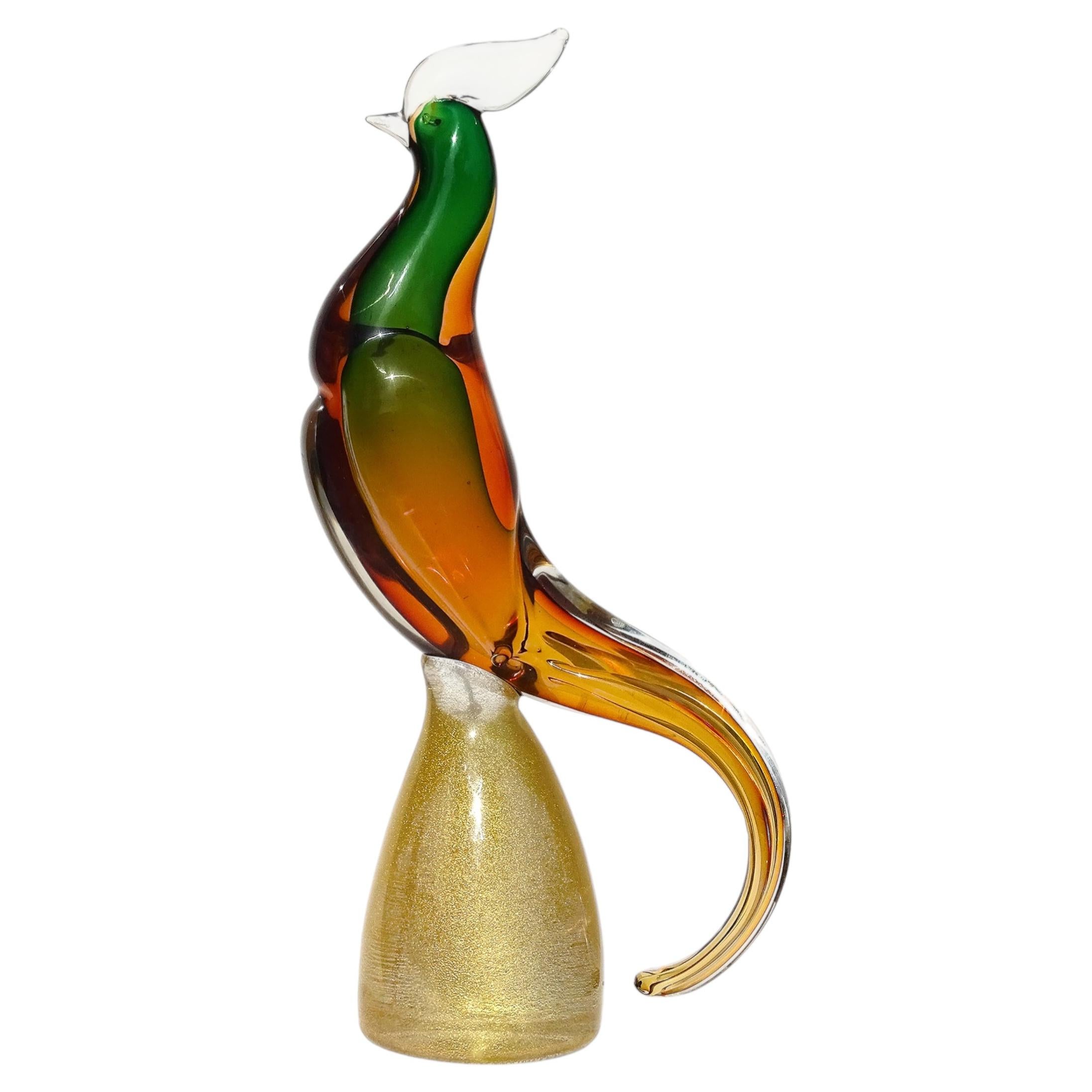 Murano Sommerso Orange Green Gold Flecks Italian Art Glass Bird Figure Sculpture