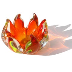 Murano Sommerso Orange Yellow Glowing Flame Italian Art Glass Sculptural Bowl