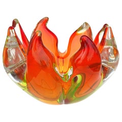 Murano Sommerso Orange Jaune Flamme Lumineuse Bol Sculptural en Verre d'Art Italien