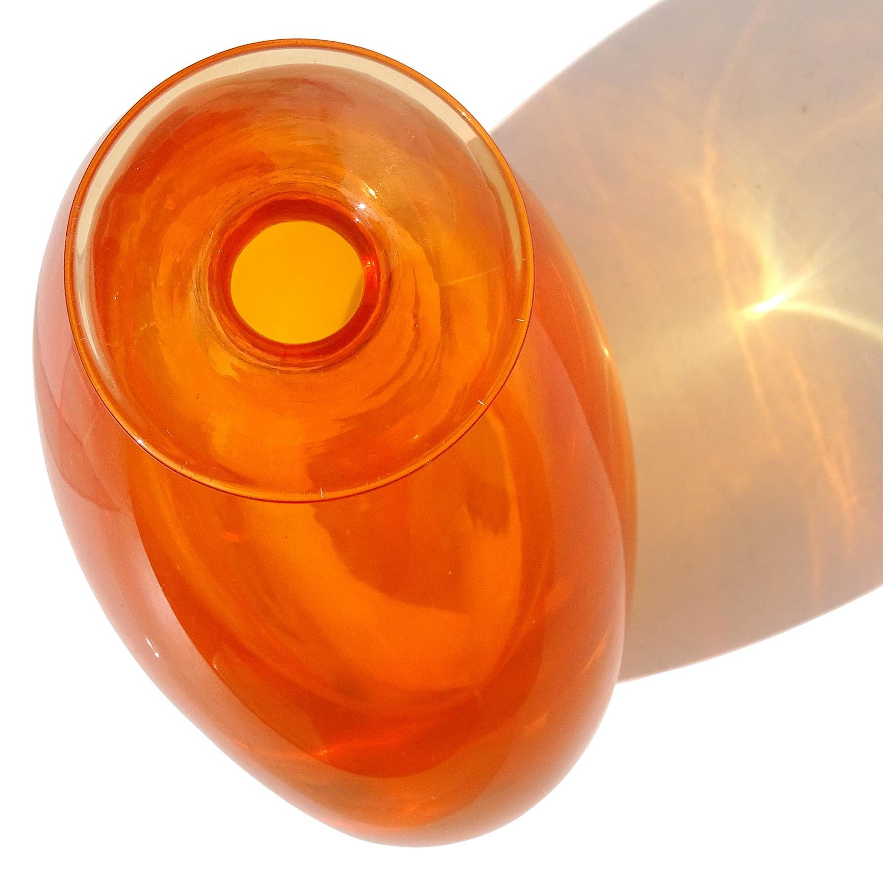 Hand-Crafted Murano Sommerso Orange Yellow Glowing Uranium Italian Art Glass Flower Vase For Sale