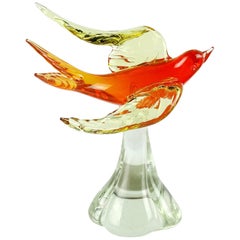 Murano Sommerso Orange Yellow Italian Art Glass Flying Bird Sculpture on Base