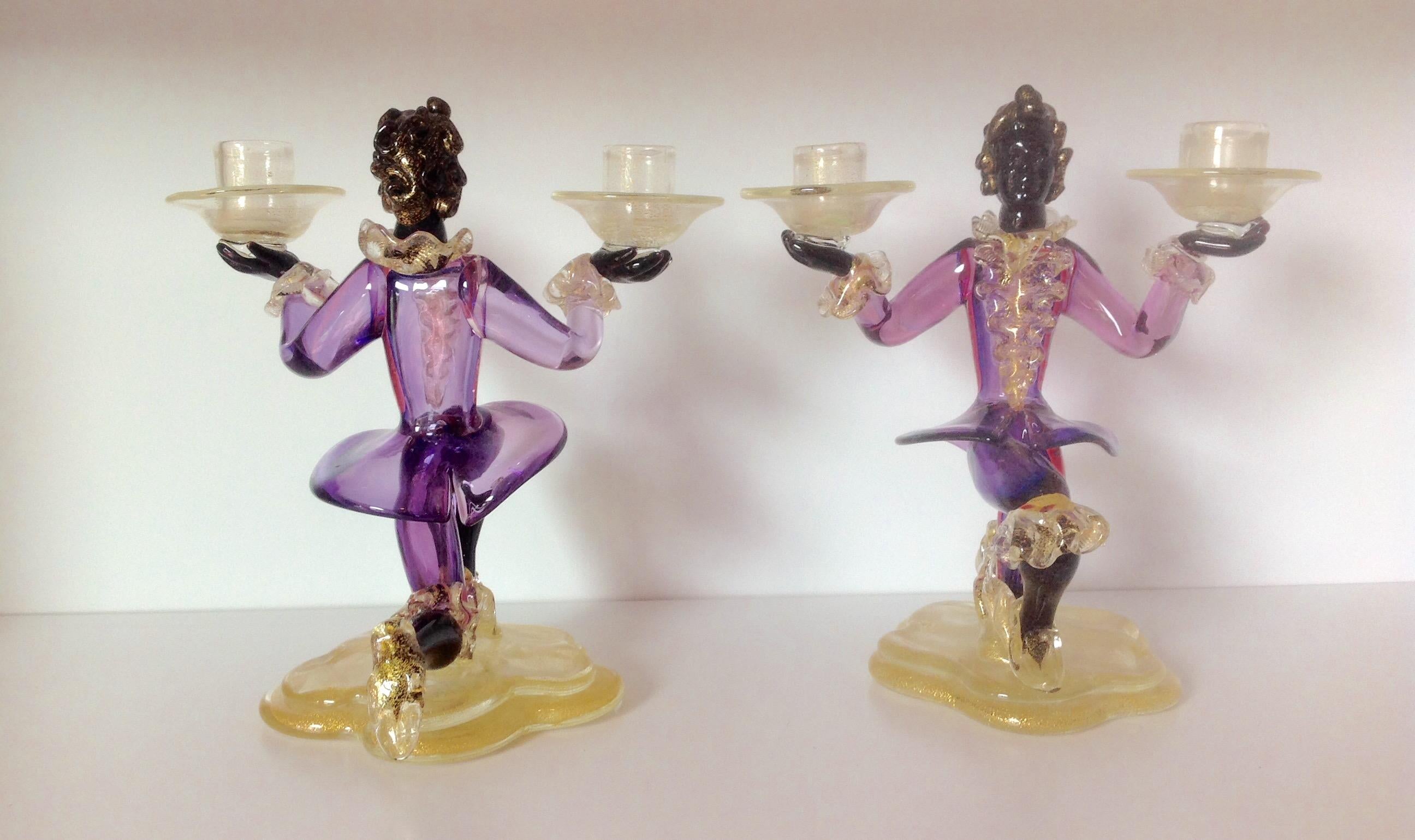 Sommerso glass pair of double candlesticks in Murano glass by Archimede Seguso.