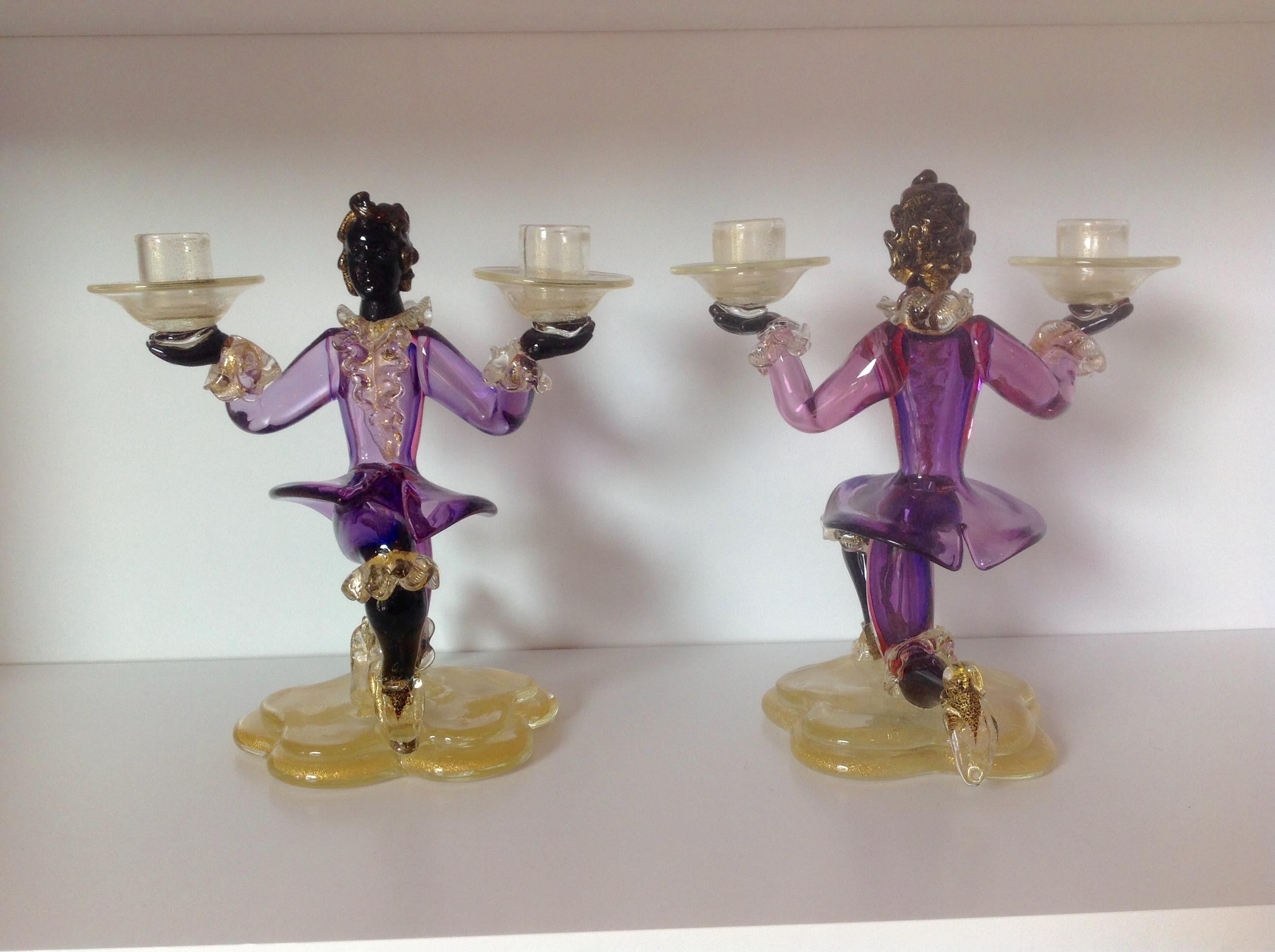 Mid-Century Modern Murano Sommerso Pair of Figural Double Candlesticks in Sommerso Glass For Sale