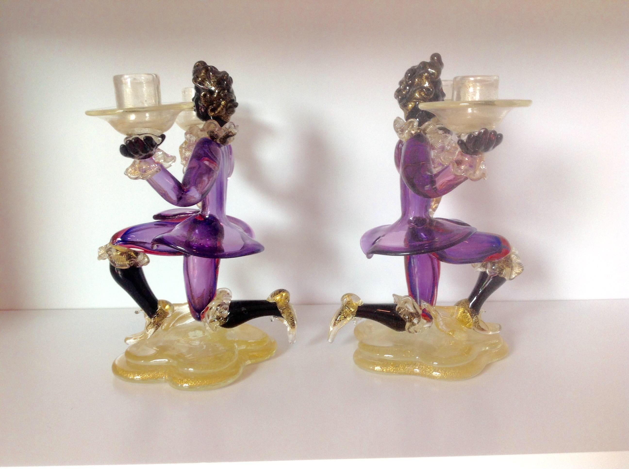 Mid-20th Century Murano Sommerso Pair of Figural Double Candlesticks in Sommerso Glass For Sale