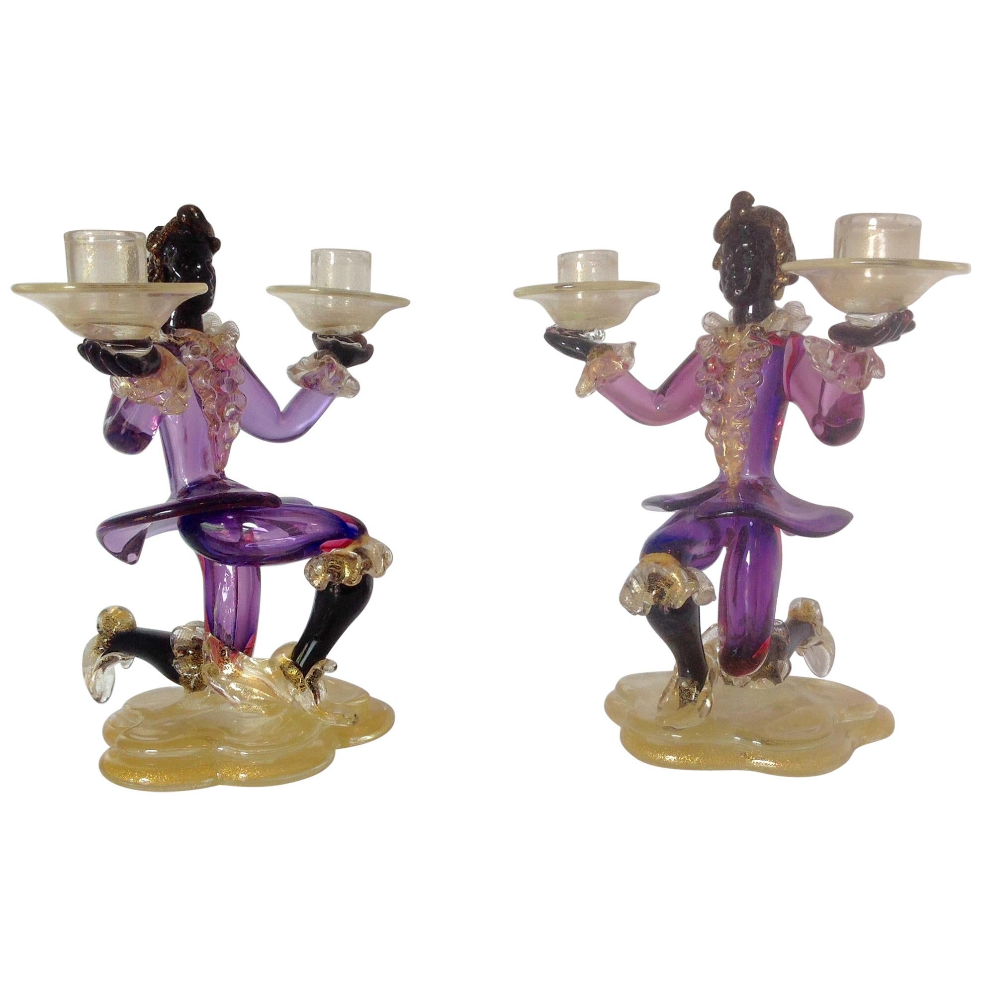 Murano Sommerso Pair of Figural Double Candlesticks in Sommerso Glass For Sale