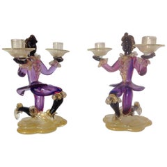 Murano Sommerso Pair of Figural Double Candlesticks in Sommerso Glass