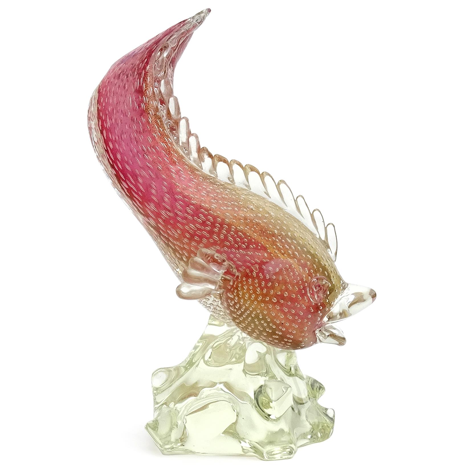 Art Deco Murano Sommerso Pink Gold Flecks Bollicine Italian Art Glass Fish Sculpture