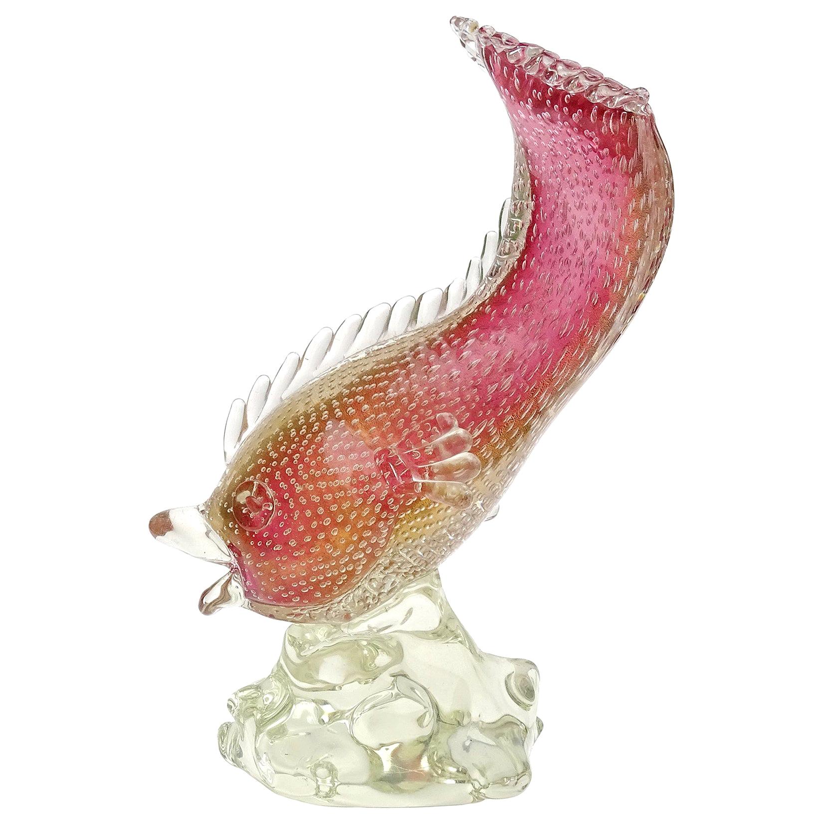 Murano Sommerso Pink Gold Flecks Bollicine Italian Art Glass Fish Sculpture