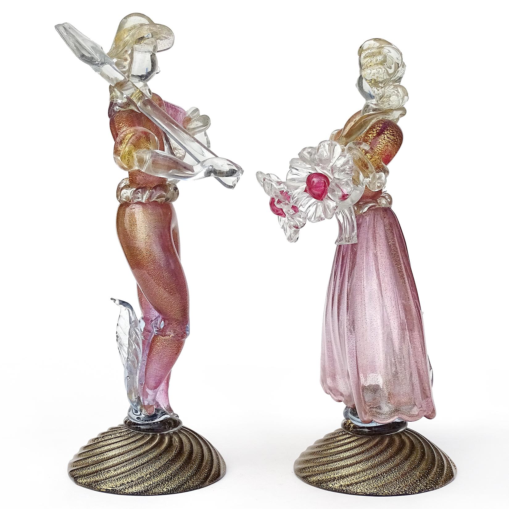 Mid-Century Modern Murano Sommerso Pink Gold Flecks Italian Art Glass Male Female Farmer Sculptures For Sale