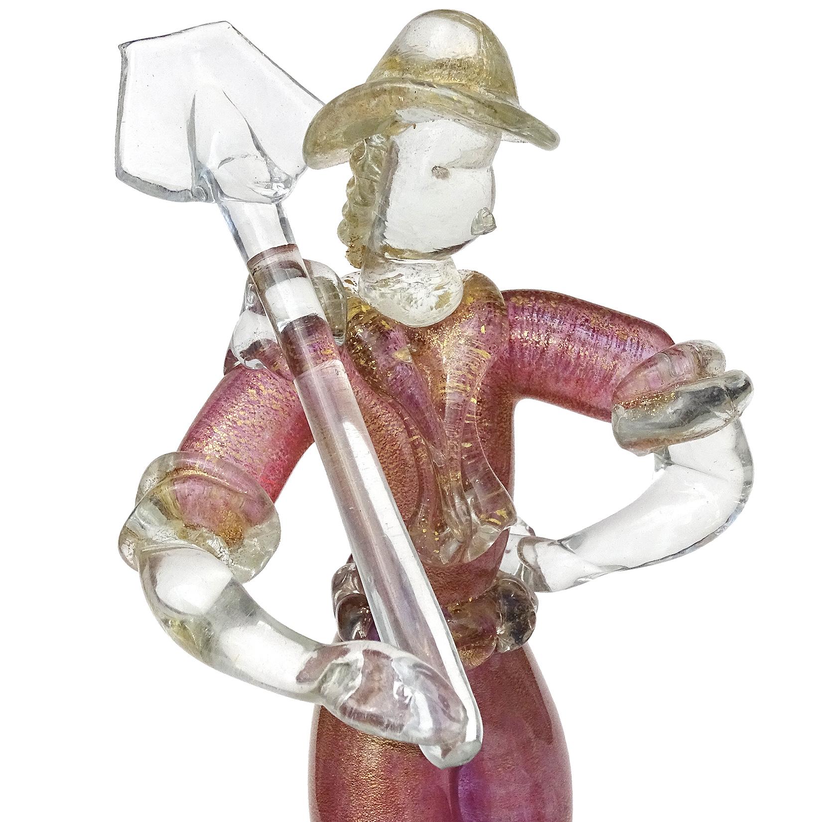 Hand-Crafted Murano Sommerso Pink Gold Flecks Italian Art Glass Male Female Farmer Sculptures For Sale