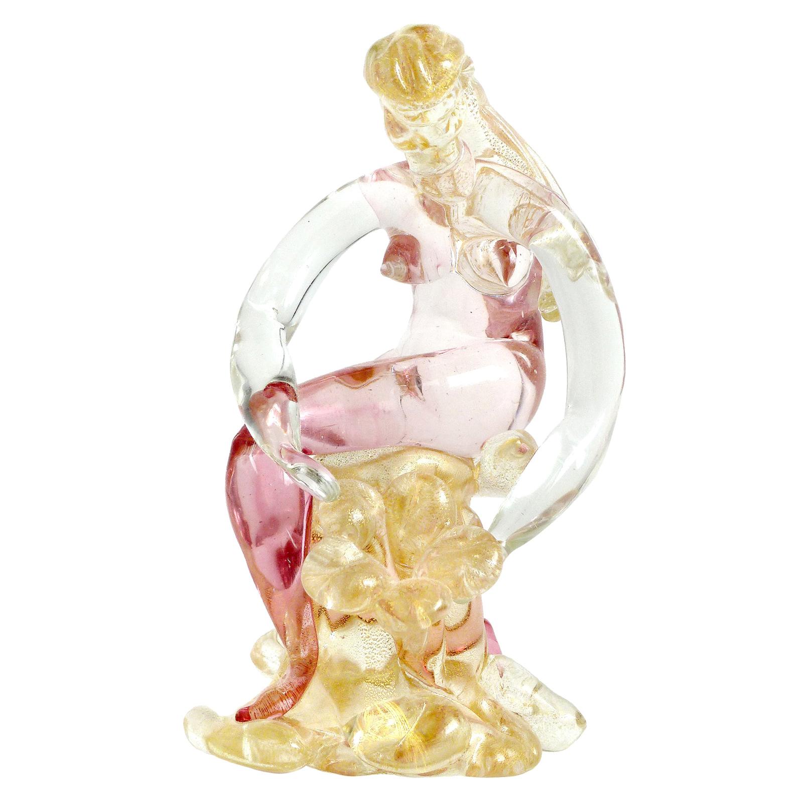 Murano Sommerso Pink Gold Flecks Italian Art Glass Nude Woman Nymph Figurine
