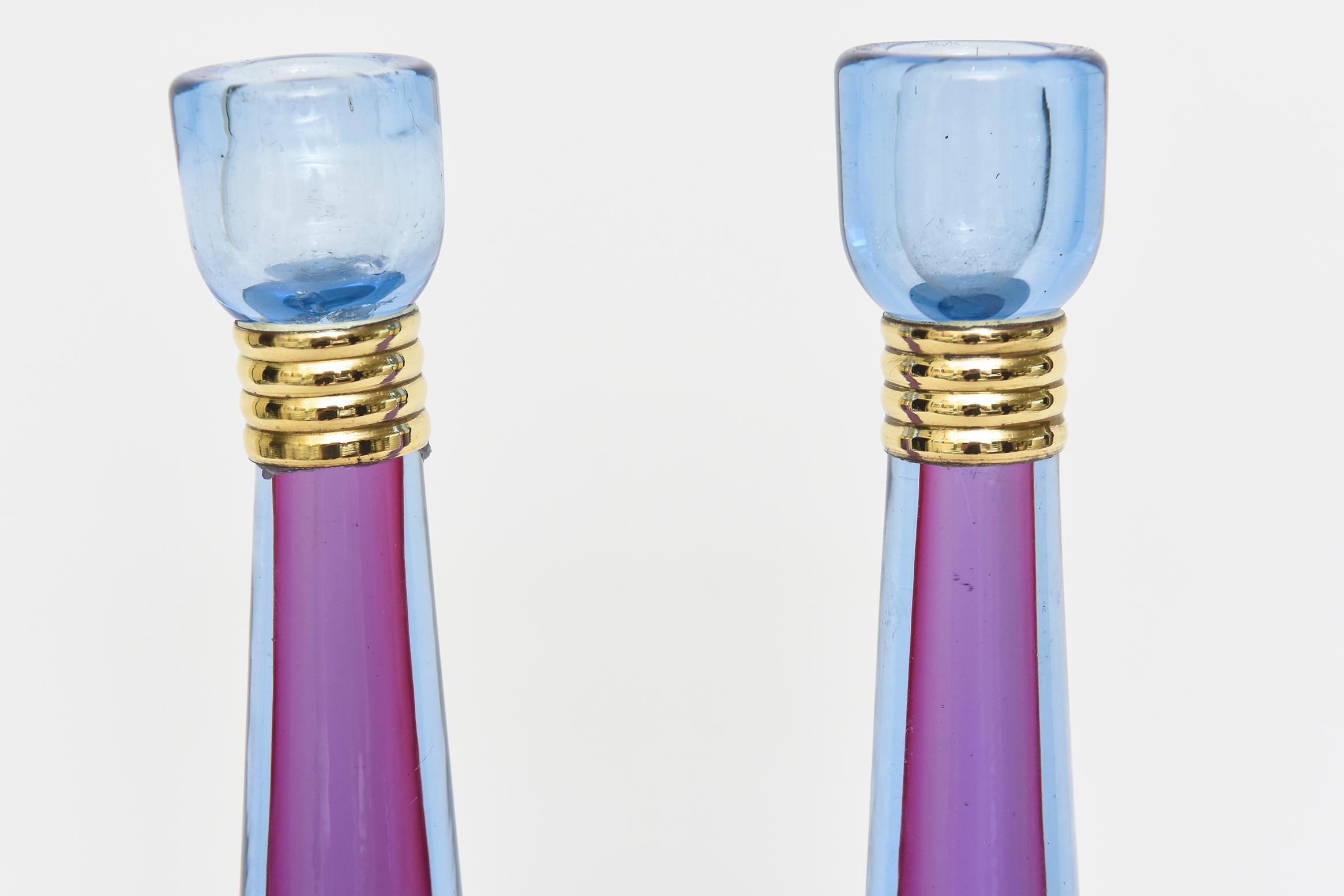 Mid-Century Modern Murano Purple, Blue Sommerso Glass Candlesticks with Brass Banding Midcentury