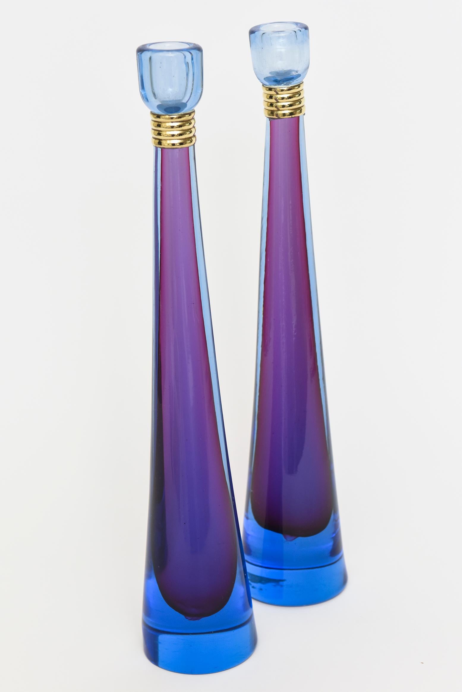 Italian Murano Purple, Blue Sommerso Glass Candlesticks with Brass Banding Midcentury