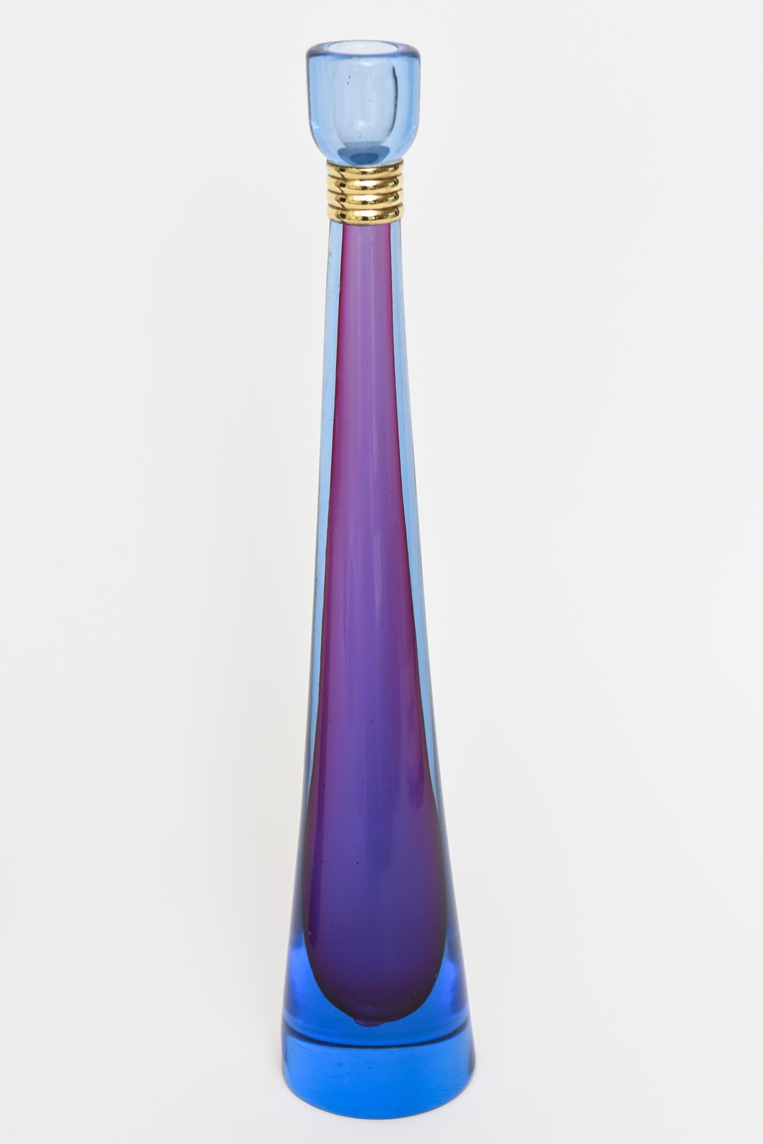 Murano Purple, Blue Sommerso Glass Candlesticks with Brass Banding Midcentury In Good Condition In North Miami, FL
