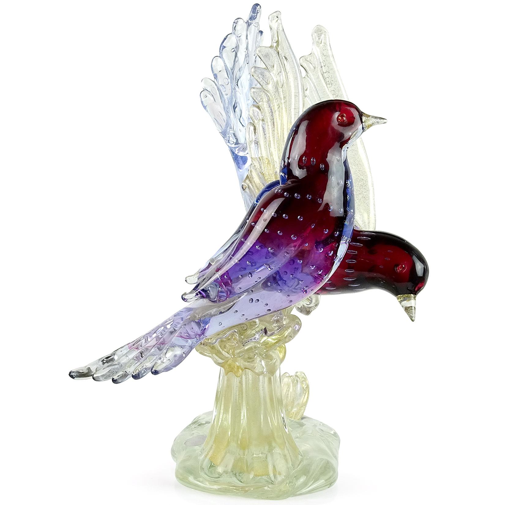 Beautiful large vintage Murano handblown Sommerso purple to light blue Italian art glass courting birds sculpture on branch. Attributed to designer Alfredo Barbini for the Salviati company, circa 1950s. The piece has a worn 