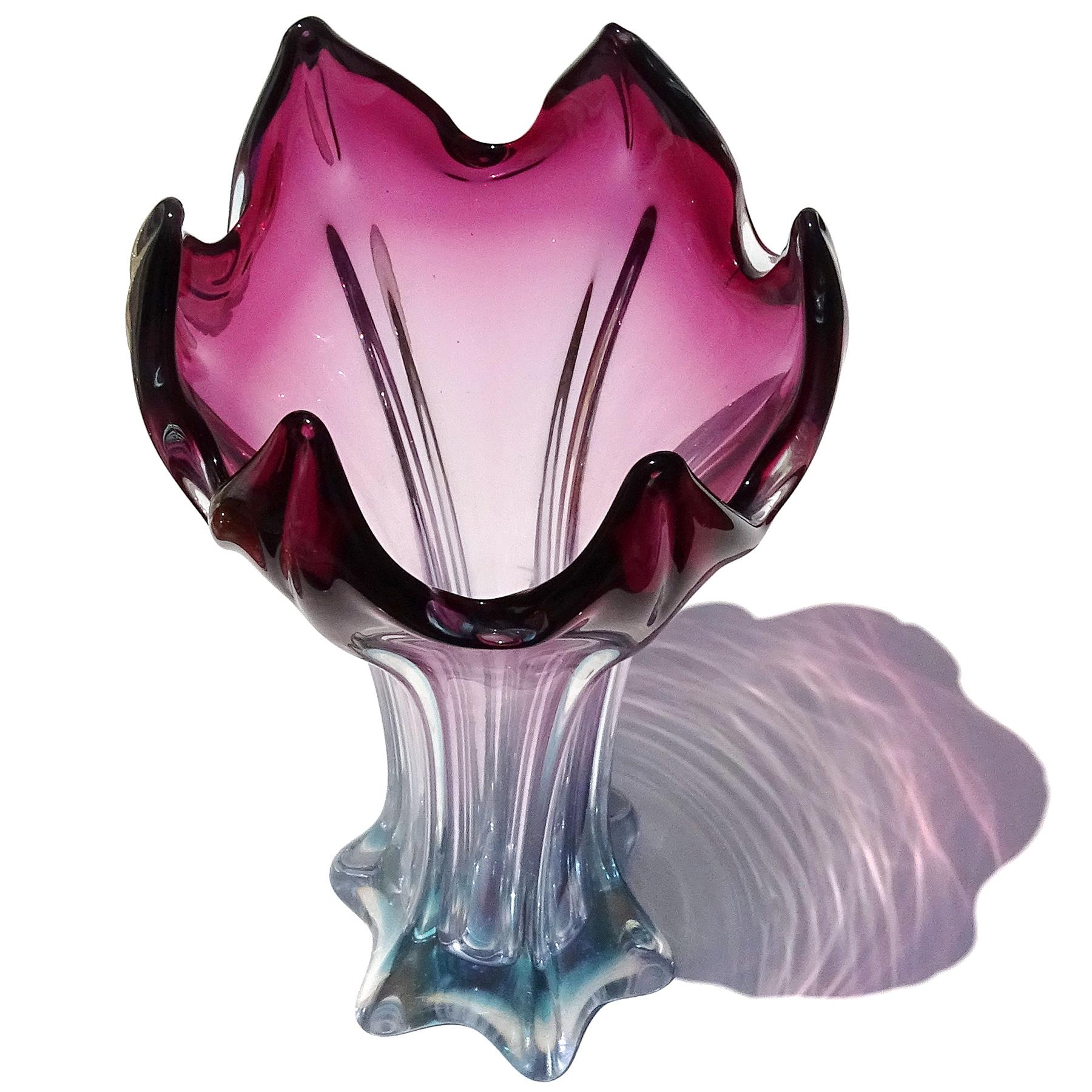 Hand-Crafted Murano Sommerso Purple Blue Italian Art Glass Abstract Vintage Flower Vase For Sale