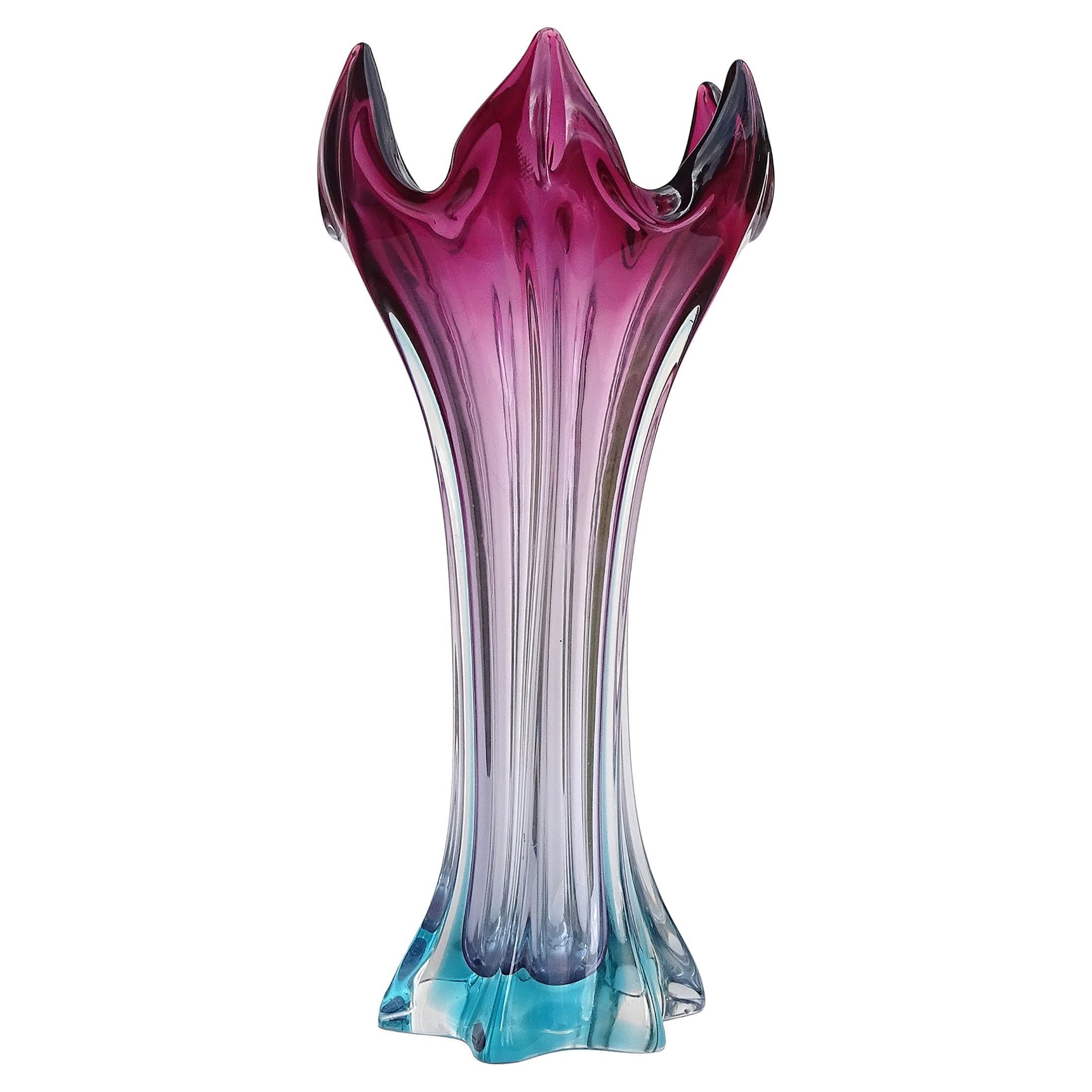 Murano Glass Sommerso Viola Blu Vaso di fiori astratti vintage in vetro italiano