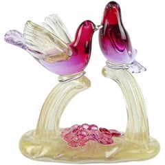 Murano Sommerso Purple Gold Flecks Italian Art Glass Courting Birds Sculpture