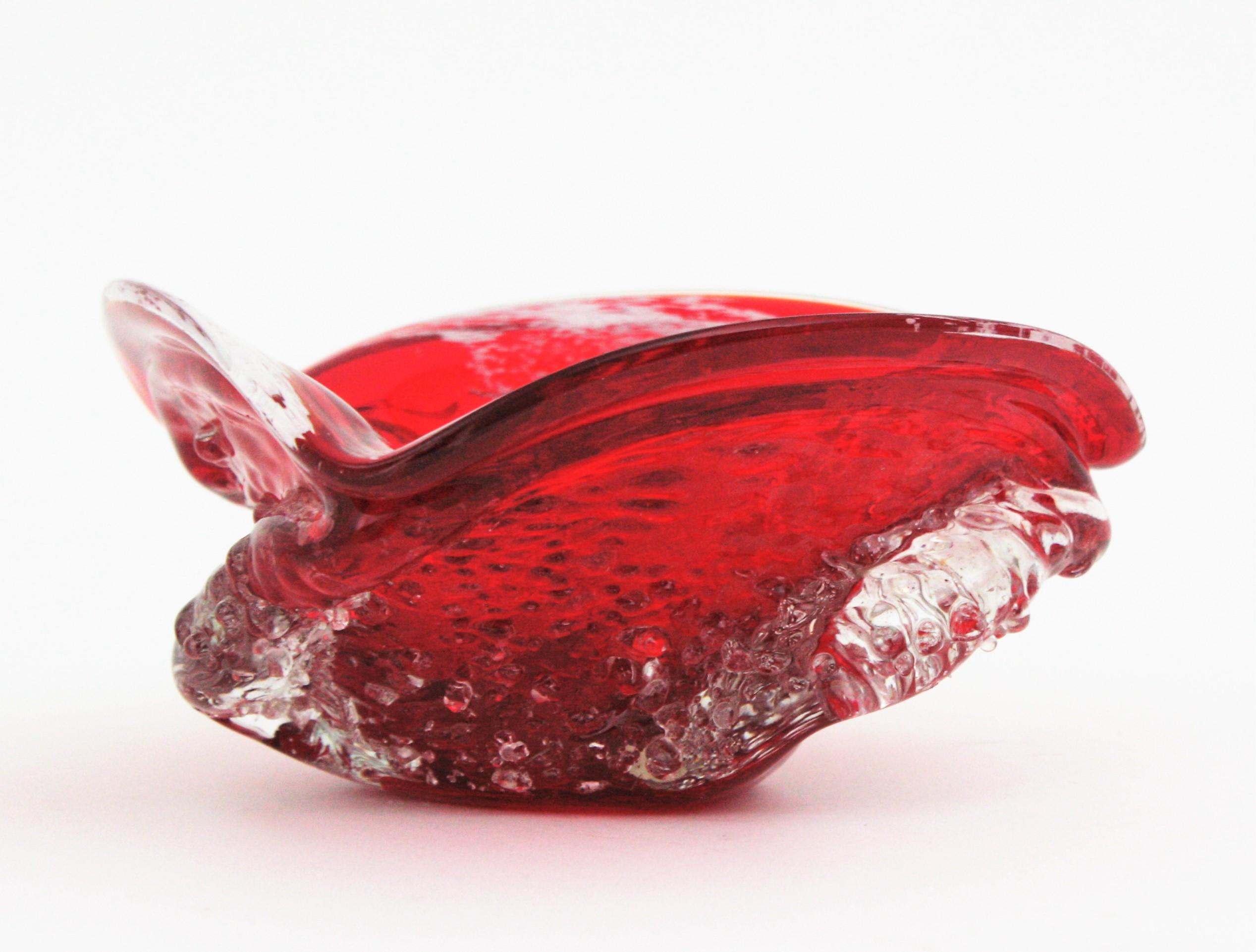 Italian Murano Sommerso Red and Clear Macette Art Glass Bowl / Ashtray For Sale