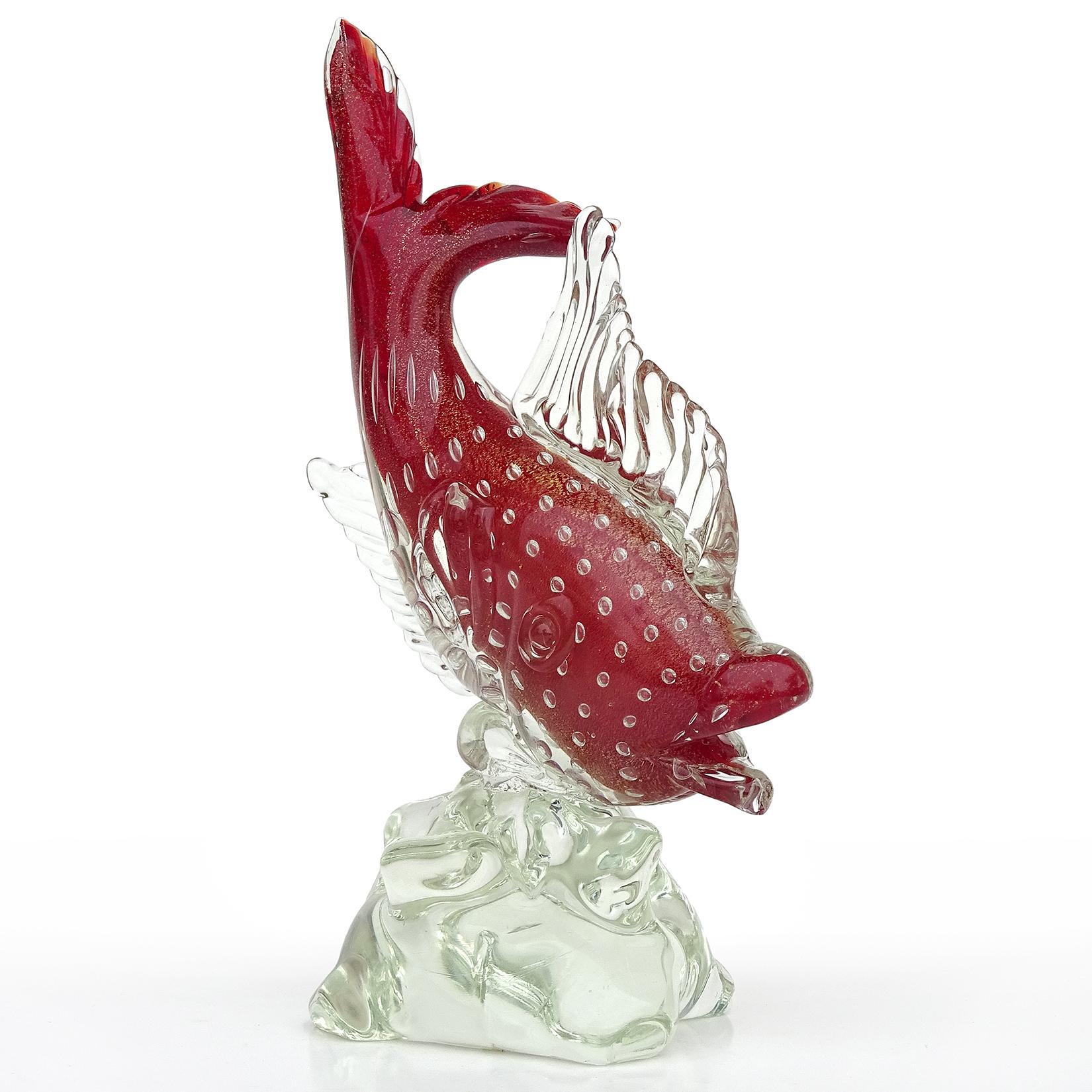 Art Deco Murano Sommerso Red Gold Flecks Bubbles Italian Art Glass Fish Figure Sculpture For Sale