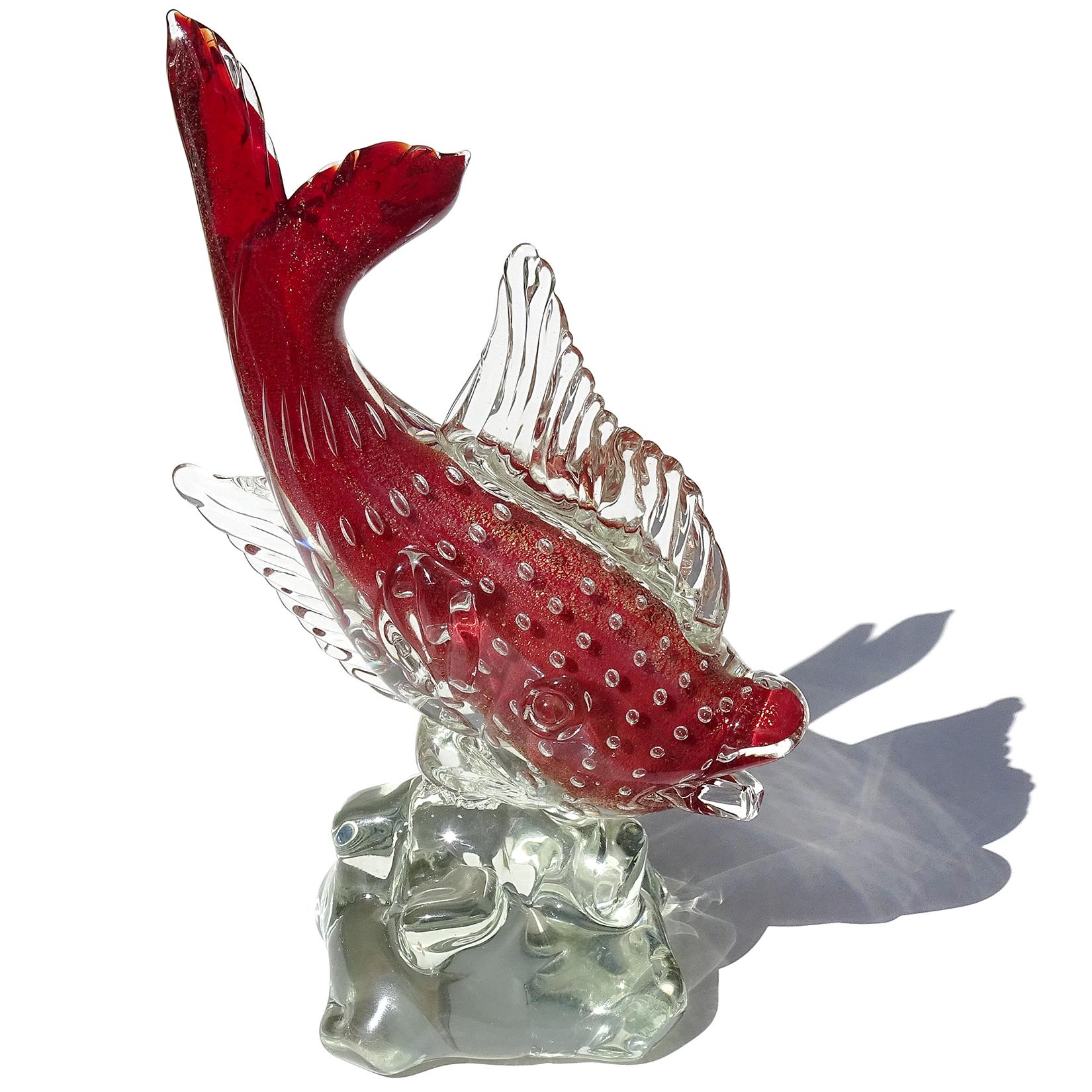 20th Century Murano Sommerso Red Gold Flecks Bubbles Italian Art Glass Fish Figure Sculpture For Sale