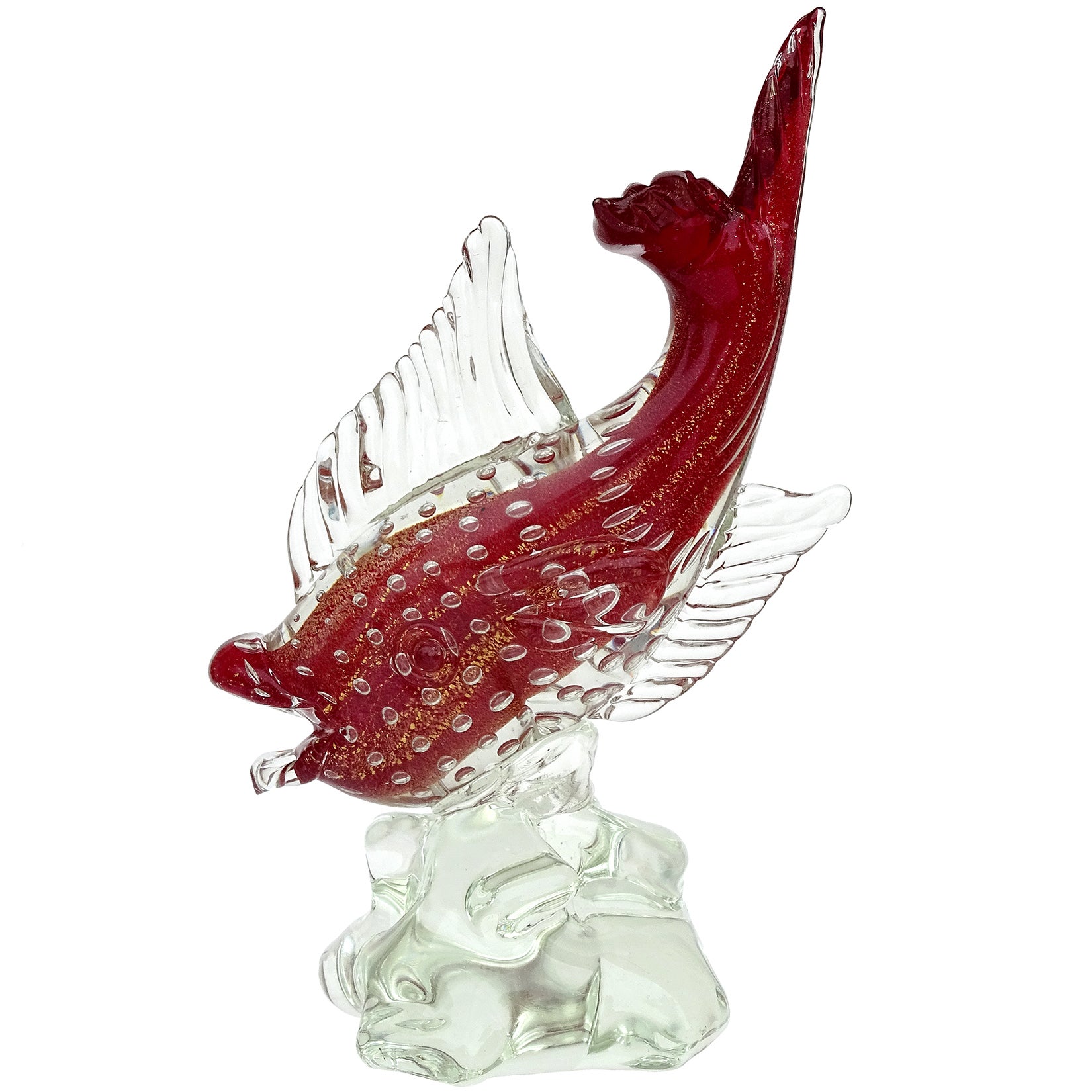 Italienische Fischfigur-Skulptur aus Murano Sommerso-Kunstglas in Rot mit Goldflecken und Blasenform aus Muranoglas im Angebot