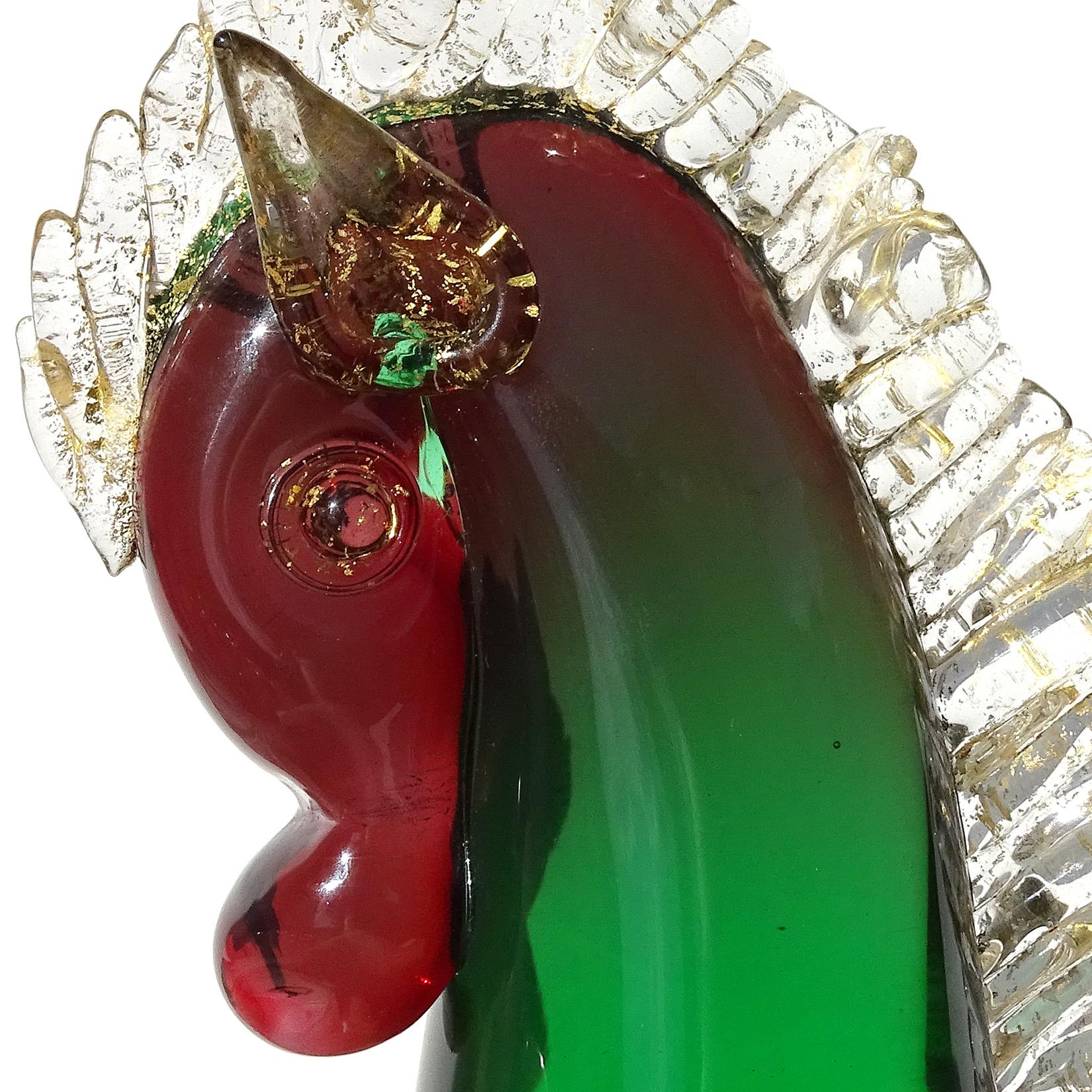 Cute vintage Murano hand blown Sommerso red to green, with gold flecks Italian art glass pony horse head paperweight / figurine. Documented to the Fratelli Toso Company, and still retains a worn 