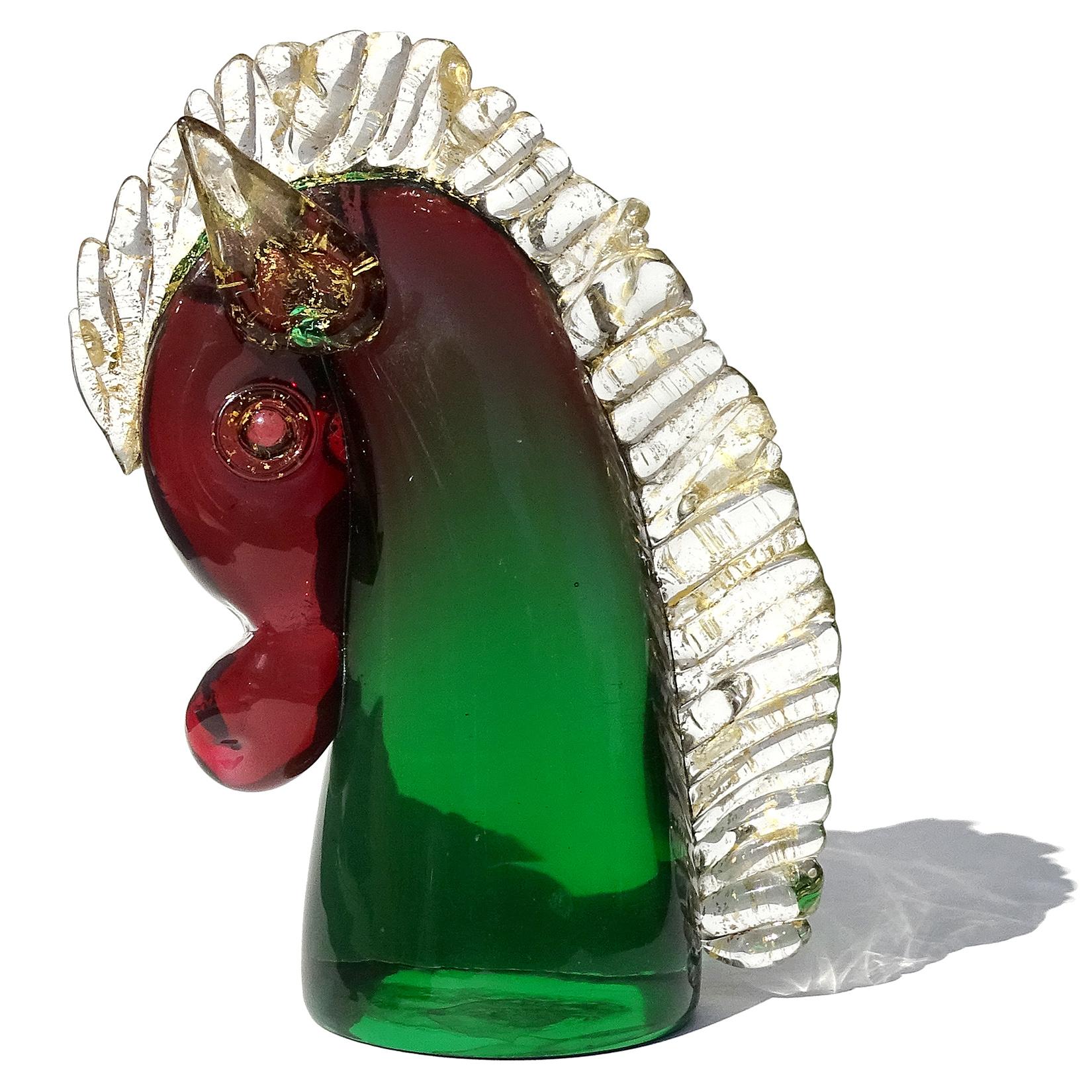 Mid-Century Modern Murano Sommerso Red Green Gold Flecks Italian Art Glass Pony Horse Head Figurine For Sale
