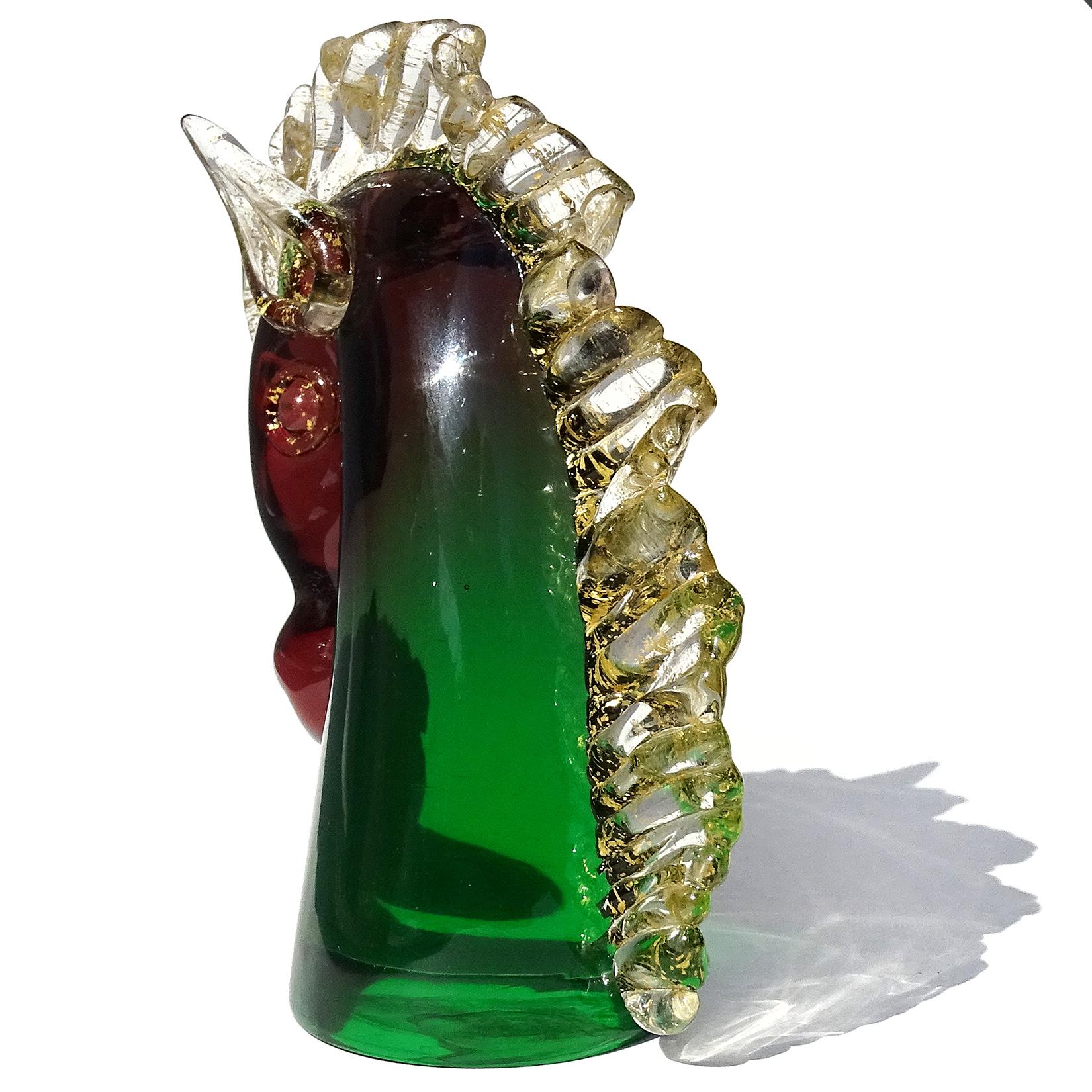 Hand-Crafted Murano Sommerso Red Green Gold Flecks Italian Art Glass Pony Horse Head Figurine For Sale