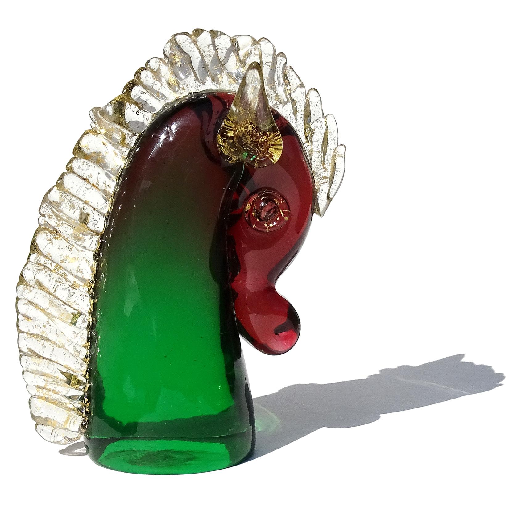 Murano Sommerso Red Green Gold Flecks Italian Art Glass Pony Horse Head Figurine In Good Condition For Sale In Kissimmee, FL