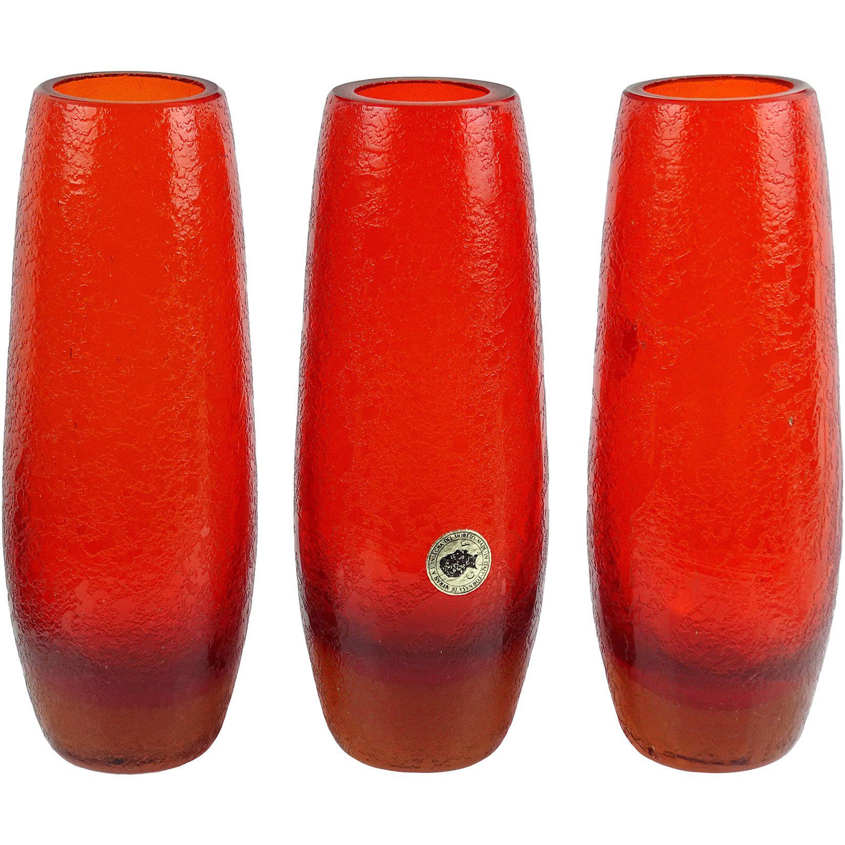 Murano Sommerso Red Orange Corroso Surface Italian Art Glass Flower Vases