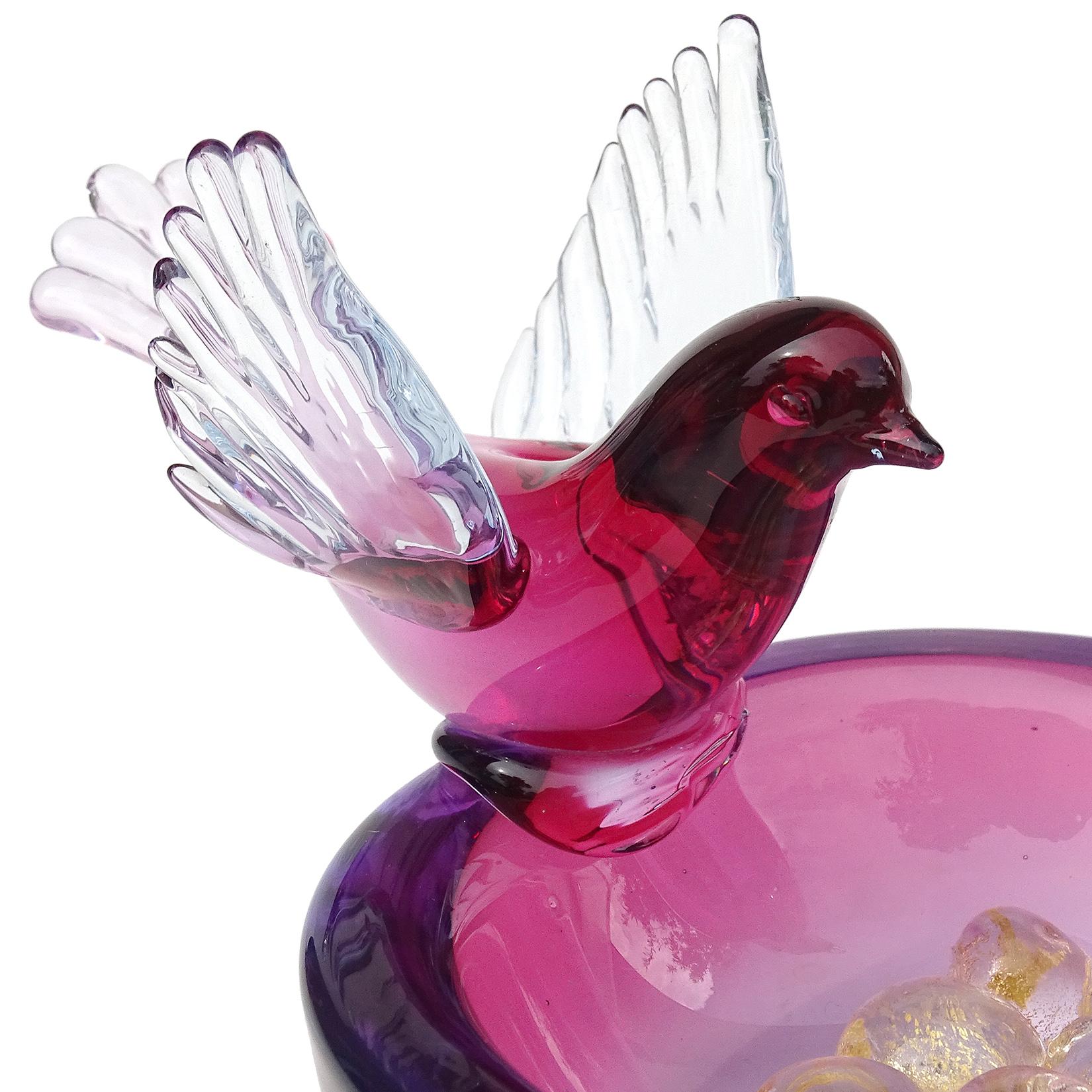 Hand-Crafted Murano Sommerso Red Purple Gold Flecks Eggs Italian Art Glass Birds Nest Bowl