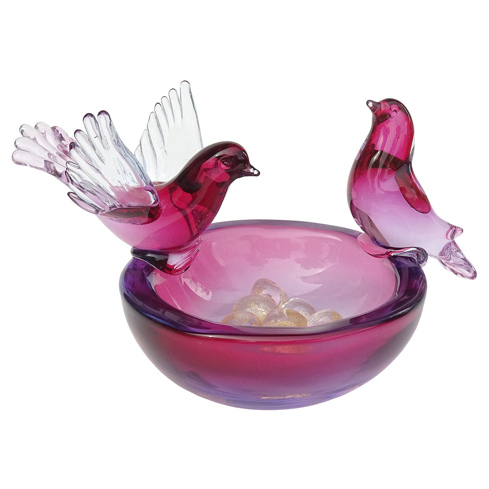 Murano Sommerso Red Purple Gold Flecks Eggs Italian Art Glass Birds Nest Bowl
