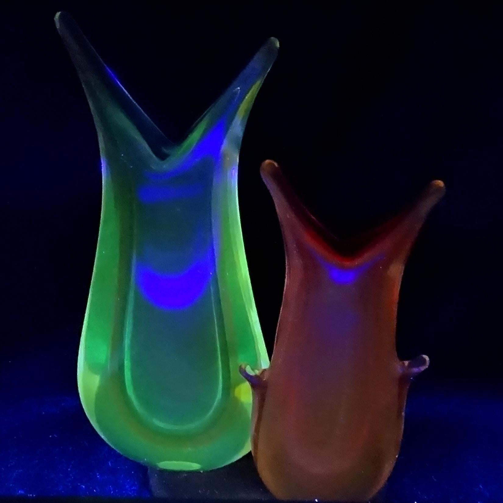 Hand-Crafted Murano Sommerso Red Yellow Green Italian Midcentury Art Glass Flower Vases